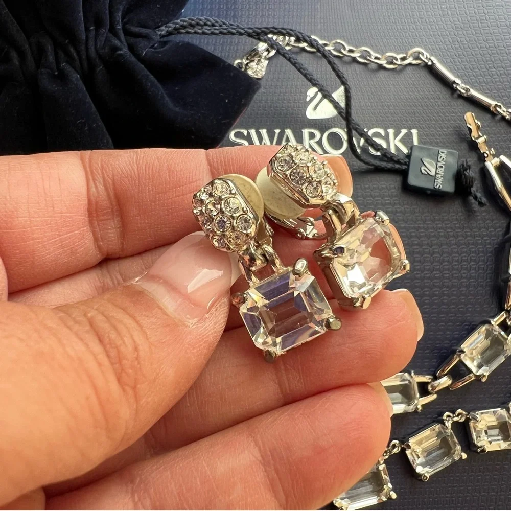 AUTHENTIC Swarovski Emerald-cut Crystal Necklace & Earrings SET Vintage - Picture 13 of 17